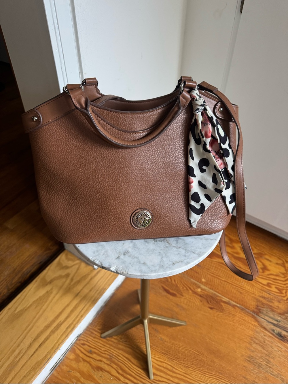 Brown Leather Tote Bag with Scarf Accent